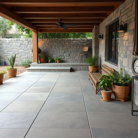 15 Creative Ideas to Transform Your Concrete Outdoor Patios – yaamb.com Patio Porcelain Tiles Outdoor Flooring, Concrete Slab Patio Ideas, Patio Concrete Floor Ideas, Tile Backyard, Concrete Patio Extension Ideas, Backyard Concrete Patio Ideas, Outdoor Patio Flooring Ideas, Diy Paver Patio, Stamped Concrete Patio Ideas