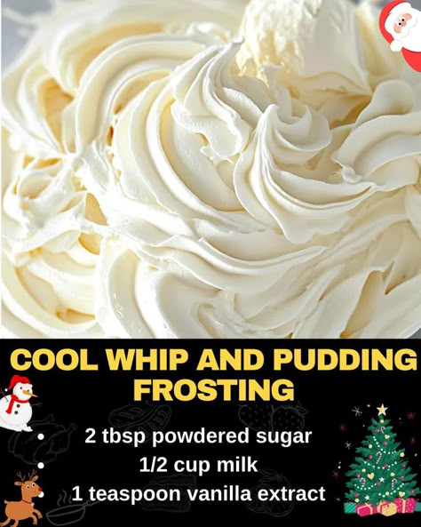 Cool Whip and Pudding Frosting Cool Whip Pudding Frosting Recipe, Cool Whip Icing Recipe, Make Cool Whip, Cool Whip And Pudding, Whipped Icing Recipes, Vanilla Cake Mix Recipes, White Frosting Recipes, Recipes With Cool Whip, Pudding Frosting