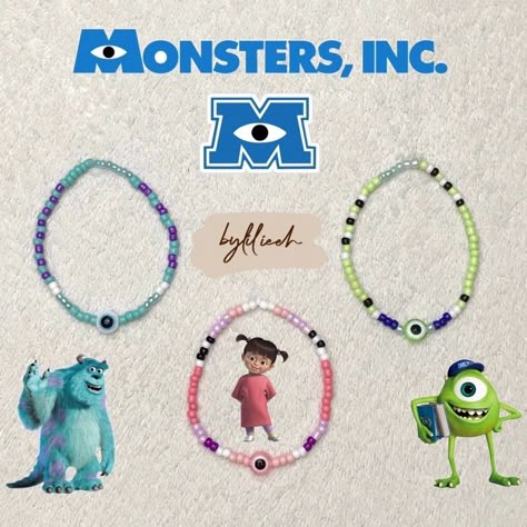 Monster Inc Bracelet, Disney Inspired Bracelets Diy, Disney Inspired Clay Bead Bracelet, Bracelet Ideas Disney, Disney Bracelet Ideas, Diy Kandi Bracelets, Pony Bead Bracelets, Clay Bead Necklace, Braided Bracelet Diy