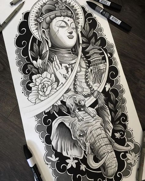 Imperfection Tattoo, Buddhist Tattoo Sleeve, Buddha Tattoo Sleeve, Buda Tattoo, Buddhist Tattoo, Buddha Tattoo Design, Animal Tattoo Ideas, Armband Tattoos, Buddha Tattoos