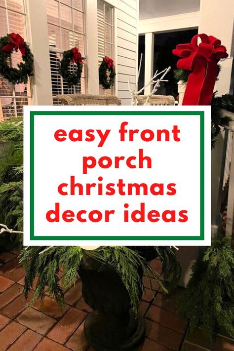 Celebrate the Holidays from afar and cheer up your neighbors with these budget friendly Christmas porch decor ideas. These front porch or deck decorations will help spread the Christmas cheer. Happy Holidays! Christmas Decor Outside Porch Farmhouse, Sun Porch Christmas Decor, Front Porch Diy Christmas Decor, Christmas Veranda Decorating, Christmas Decor Planter Boxes, Hanging Christmas Baskets Front Porches, Cheap Christmas Porch Decor, Decorated Front Porches For Christmas, Decorating Porch Railings For Christmas