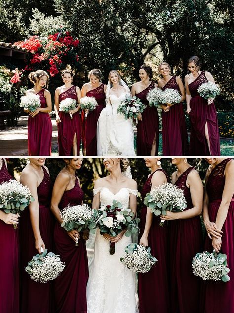 baby's breath bouquets for the bridesmaids - complements the bride's bouquet perfectly! Baby Breath Bouquet Bridesmaids, Baby Breath Bridesmaid Bouquet, Babies Breath Bouquet, Bridemaid Bouquet, Baby Breath Bouquet, Maroon Wedding, Bride's Bouquet, Burgundy Bridesmaid, Bridesmaids Bouquets