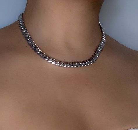 Silver Cuban Link Chain Women Outfit, Silver Cuban Chain, Chain Link Necklace Silver, Cuban Link Necklace, Silver Link Chain, Chain Women, Stacked Necklaces, Stacked Jewelry, Cuban Link Chain