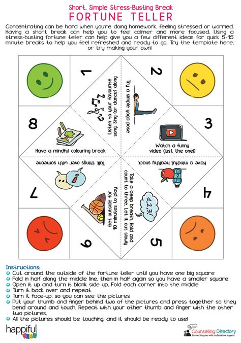 Help kids (and teens) fell less stressed with this FREE, simple stress-busting break fortune teller. Concentrating can be hard when you’re doing homework, feeling stressed or worried. Having a short break can help you feel calmer and more focused. A stress-busting fortune teller can help give you a few different ideas for quick 5-15 minute breaks to help you feel refreshed and ready to go. Find out more and discover our other free stress resources and articles. De Stressing Activities, Coping Skills Fortune Teller Printable, Identifying Stressors Worksheet, What Is Counselling, Coping Skill Activity, Coping Skills Bingo, Elsa Support, Burnout Recovery, Doing Homework