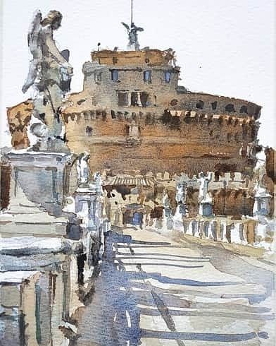 Rome Watercolor, Roman Drawings, Italy Sketches, Rome Painting, Rome Art, Piazza Del Popolo, Skyline Painting, Watercolor Workshop, Watercolor Architecture