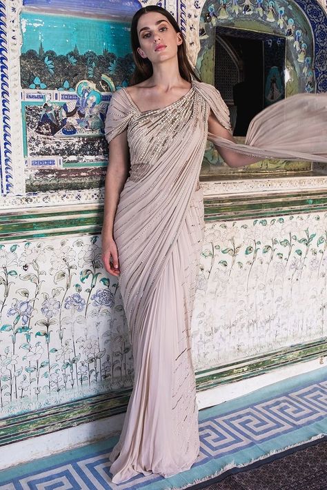 Draped Saree Gown, Embellished Saree, Gaurav Gupta, Draped Saree, Indian Sari Dress, Drape Gowns, Saree Gown, Saree Designs Party Wear, Indian Gowns Dresses