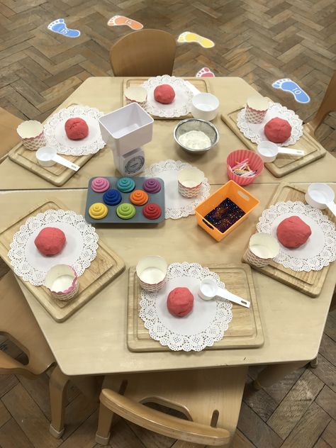 Baking Eyfs Activities, Playdough Table Ideas, Playdough Provocations, Playdough Cupcakes, Cupcake Playdough, Playdough Area, Playdough Table, Playdough Station, March Lessons