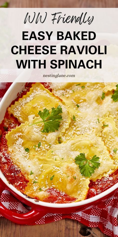 Easy Baked Cheese Ravioli with Spinach is a tasty, healthy dinner perfect for any night. Baked Cheese Ravioli, Frozen Ravioli Bake, Cheese Ravioli Recipe, Ravioli With Spinach, Spinach And Cheese Ravioli, Baked Ravioli Recipe, Nutrisystem Recipes, Spinach Ravioli, Spinach Bake