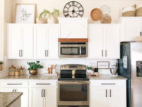 White Kitchen With Warm Natural Accents - Soul & Lane Microwave Cabinet Ideas, Traditional White Kitchen Cabinets, Over The Stove Microwave, Brown Countertop, Double Oven Kitchen, White Kitchen Traditional, Shiplap Kitchen, Microwave Cabinet, Light Wood Cabinets