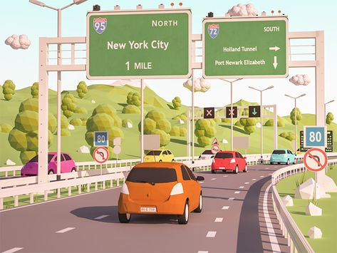 Road to New York by Nermin Muminovic Dream Vacations Destinations, City Road, Game Environment, Low Poly Art, City Illustration, 3d Artwork, City Aesthetic, Web Development Design, Cute Characters