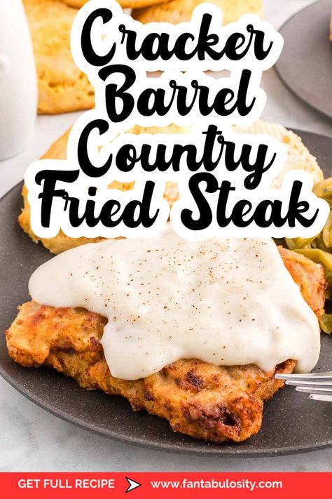 If you cannot get enough of Cracker Barrel’s signature dish, you will love this copy-cat Cracker Barrel country fried steak recipe! Ready in 40 minutes, this restaurant-quality country-fried steak recipe will surely impress for a delicious breakfast! Crockpot Chicken Fried Steak, Country Fried Steak Recipes, Country Fried Gravy Recipe, Country Fried Steaks, Country Steak And Gravy, Easy Comfort Food Recipes Quick, Chicken Fried Round Steak, Baked Country Fried Steak, Chicken Fried Steak Recipe Easy