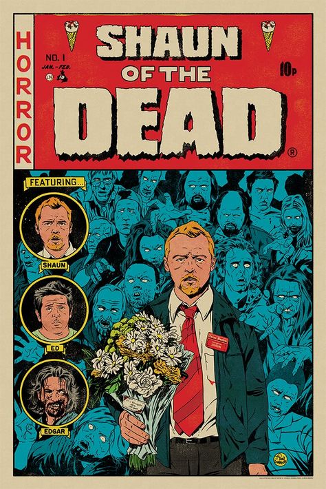 Johnny Dombrowski — Mondo: The Cornetto Trilogy Cornetto Trilogy, Mondo Posters, Shaun Of The Dead, Zombie Movies, Movie Poster Wall, Horror Posters, Horror Movie Art, Comic Book Style, Alternative Movie Posters