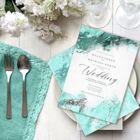 Marble Glitter Wedding Teal Silver ID644 Invitation - tap to personalize and get yours #Invitation #modern #elegant #beautiful, #abstracts, #hand Blue Winter Wedding Ideas, Turquoise Wedding Invitations, Wedding Invitation Quotes, Wedding Teal, Text Wedding, Blue Winter Wedding, Turquoise Watercolor, Silver Invitation, Wedding Motifs