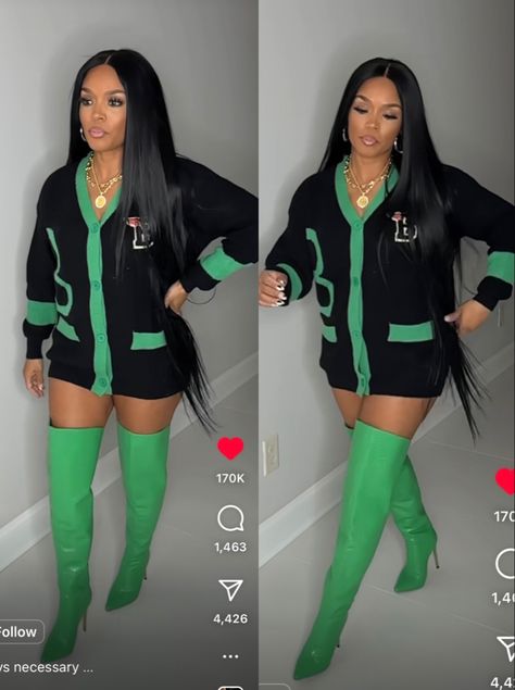 Christmas Outfit Ideas For Women Green, Green Boots Outfit Black Women, Shein Outfits Winter 2024 Baddie, Hunter Green Outfits For Black Women, Sparkle Boots Outfit Style, Rasheeda Frost Fashion Outfits, Preg Outfits, Rasheeda Frost Fashion, Rasheeda Frost