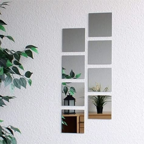 Small Square Mirrors On Wall, Mirror Layout On Wall, 4 Square Mirrors On Wall Decor, Squared Mirrors On Wall, Mirror Tiles On Wall, Multiple Mirrors On Wall, Square Mirror Decor, Square Mirror Ideas, Mirror Wall Ideas