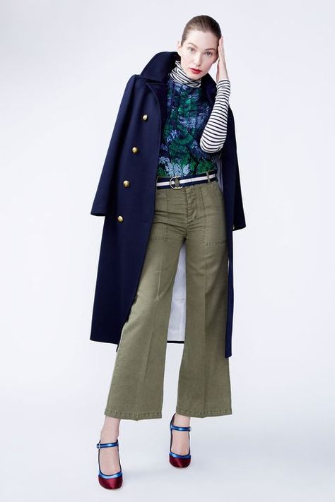 J Crew Fall, Jcrew Fall, Color Pants, J Crew Style, Fall Inspiration, Blue Coat, Pants Style, Green Pants, Jcrew Women