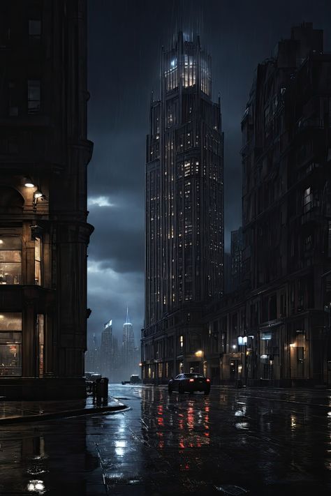 Immerse yourself in the hyper-realistic beauty of Gotham City at night. Witness the breathtaking Wayne Tower piercing the skyline as raindrops cascade down, creating a dark aesthetic that feels both surreal and eerily authentic. Explore the mesmerizing details of ultra-realistic buildings that bring Gotham to life like never before. 🌃🦇 #GothamCity #DarkAesthetic #WayneTower #HyperRealistic #Cityscape #RealisticBuildings #RainyNight #UrbanArt Dark Cityscape Aesthetic, Rain City Aesthetic, Midnight City Aesthetic, Gotham City Art, Night Time City Aesthetic, Gotham City Wallpaper, City Skyline Aesthetic, Gotham City Aesthetic, Wayne Tower