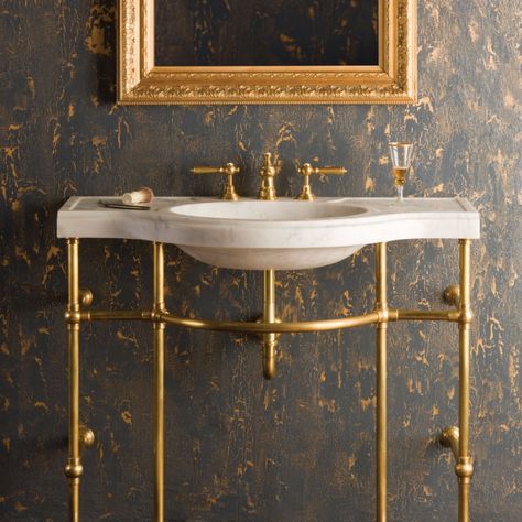 Renaissance Console Top – Stone Forest Marble And Brass Bathroom, Ravenna Mosaics, Sink Legs, Stone Forest, Bathroom Console, Pink Vanity, Gold Tile, Marble Console, Console Sink