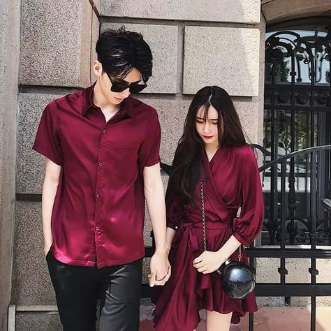 Matching Red Outfits For Couples, Anniversary Outfit Dinner, Couple Outfits Korean, Korean Couple Outfits, Couples Dance, Chinese New Year Outfit, Wife Clothes, Maroon Outfit, Couple Matching Outfits