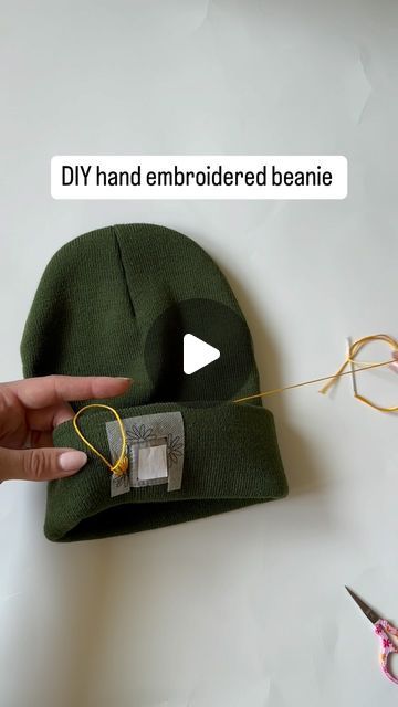 Jessy | Hand Embroidery Patterns + Courses | DIY Name Sweater on Instagram: "This project is actually SO simple! All you need is:

🩵A beanie with a square logo
🩵DMC embroidery floss @dmc_embroidery 
🩵Size 5 embroidery needle
🩵This pattern- comment BEANIE for the link or head to my website and browse our Fall patterns" Embroidered Carhartt Beanie Diy, Hand Embroidered Carhartt Beanie, Embroidered Beanie Diy, Beanie Embroidery Ideas, Embroidered Carhartt Beanie, Carhart Beanie, Name Sweater, Carhartt Beanie, Dmc Embroidery