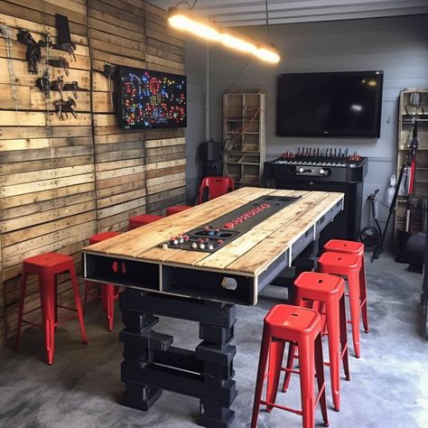 31 Game Room Ideas: For Basement, Garage and Small Rooms Basement Table Ideas, Game Room Ideas For Adults, Room Ideas For Adults, Ideas For Basement, Game Room Ideas, Basement Garage, Game Nights, Bar Room, Man Cave Garage