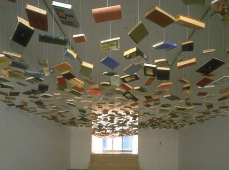 Suspend them from the ceiling for the most epic mobile ever. | 35 Things To Do With All Those Books Unusual Bookshelf, School Library Displays, Lisson Gallery, False Ceiling Living Room, Bookshelf Design, Deco Originale, Book Corners, Library Displays, Library Decor