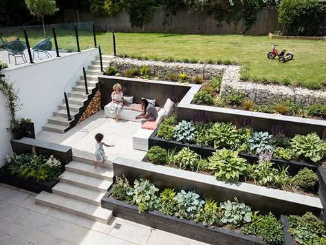 Steep Gardens, Richmond London, Sloped Backyard Landscaping, Sloped Backyard, Landscaping Retaining Walls, Garden Stairs, Tiered Garden, Garden On A Hill, Sunken Garden