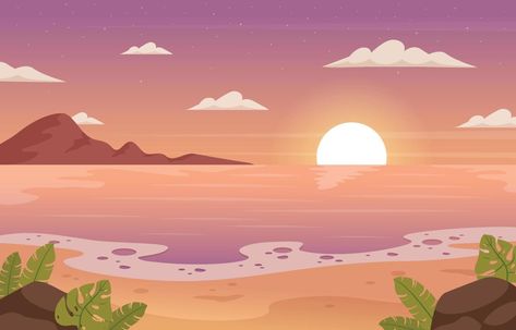 Beach Landscape Illustration, Japanese Beach Aesthetic, Beach Cartoon Background, Penguin Animation, Sunset Cartoon, Animated Scenery, Cartoon Sunset, Scenery Clipart, Wallpapers Sunset