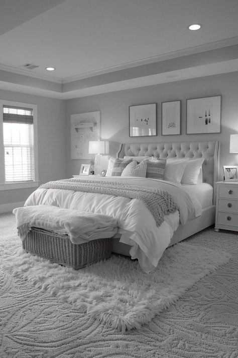 Grey Themed Bedroom Aesthetic, Bed Ideas Single, White And Grey Aesthetic Bedroom, Soft Grey Bedroom Aesthetic, White And Light Gray Bedroom, White Sleeping Room, White And Grey Bedroom Decor, Light Grey Aesthetic Bedroom, Room Grey Bedroom