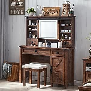 T4TREAM Farmhouse Makeup Vanity Desk with Sliding Mirror and Lights, 42'' Glass Tabletop Vanity Table with 2 Drawers & Shelves, Rustic Large Vanity Set for Bedroom, Stool Included, Reclaimed Barnwood Makeup Vanity Farmhouse, Antique Makeup Vanities, Farmhouse Makeup Vanity, Black Vanity Table, Western Room, Modern Vanity Table, Mirrored Vanity, Farmhouse Theme, Rustic Vanity