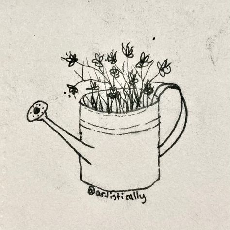 Jar Of Flowers Tattoo, Watering Can Doodle, Watering Can Tattoo, Candy Bucket, Watering Cans, Pen Sketch, Tattoo Inspo, Watering Can, Flower Tattoos