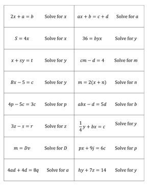 Recently, I reached out to the MTBoS looking for fun ideas for practicing solving literal equations.  I had searched pretty thoroughly to find any pre-existing activities on the internet, but there… Equations Notes, Algebra 2 Worksheets, Literal Equations, Algebra Formulas, Solving Quadratic Equations, Solving Linear Equations, Algebra Equations, Algebra Worksheets, Algebra 2