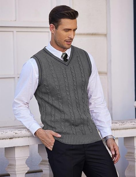 COOFANDY Men's Sweater Vest V Neck Slim Fit Casual Sleeveless Twisted Knitted Pullover Sweater at Amazon Men’s Clothing store Men’s Vest Outfit, Mens Sweater Vest Outfit, Nye Fit, Knitted Vest Outfit, V Neck Sweater Vest, Buisness Casual, Sweater Vest Outfit, Sweater Vest Mens, Vest Sweater