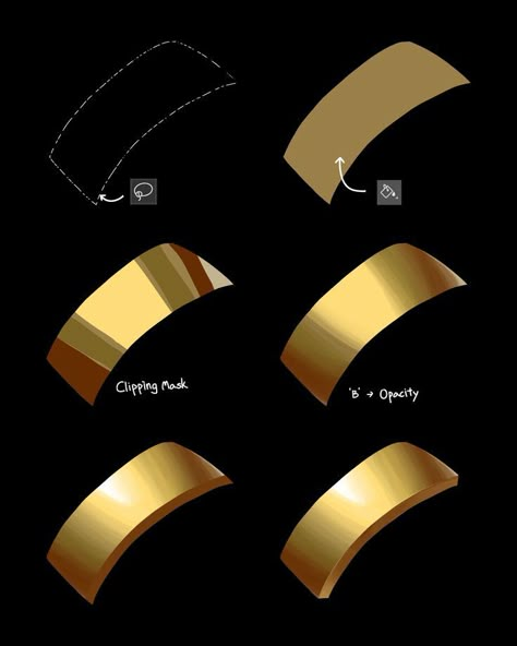 How To Paint Jewels Digital, Gold Shading Drawing, Painting Metal Digital Art, Gold Color Tutorial Drawing, Metal Shading Reference, Metal Texture Digital Painting, How To Colour Metal Digital, How To Colour Silver Digital, How To Color Shiny Things Digital