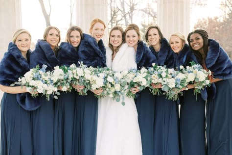 Winter Wedding Bridesmaids Shawl Navy Blue, Navy Winter Bridesmaid Dresses, Navy Blue Winter Bridesmaid Dresses, Navy Bridesmaid Dress With Fur Shawl, Navy Blue Bridesmaid Dresses Winter, December Wedding Colors Bridesmaid Dress, Navy And White Winter Wedding, Winter Maid Of Honor Dress, Christmas Blue Bridesmaid Dresses