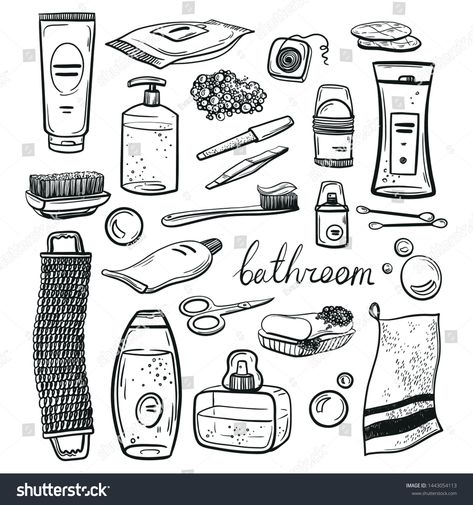 Deodorant Drawing, Soap Sketch, Toothbrush Drawing, Shower Doodle, Accessories For Bathroom, Gel Deodorant, Beauty Vector, Organic Toothpaste, Soap Perfume