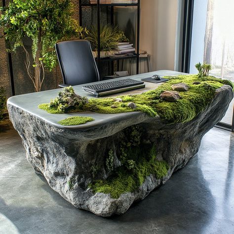 This moss-covered rock office desk blends natural beauty with functional design. The surface is made from a smooth, polished stone, carefully selected for its organic texture, and adorned with a live moss layer that creates a serene, earthy ambiance. The moss adds a soft, tactile contrast to the rock’s solid structure, evoking a tranquil forest floor. Perfect for those who want to bring the outdoors into their workspace, this desk is not only a statement piece but also a reminder of nature’s ... Moss Arrangements, Bonsai Table, Moss Covered, Forest Floor, Concrete Decor, New Room, Functional Design, Plant Decor, The Outdoors