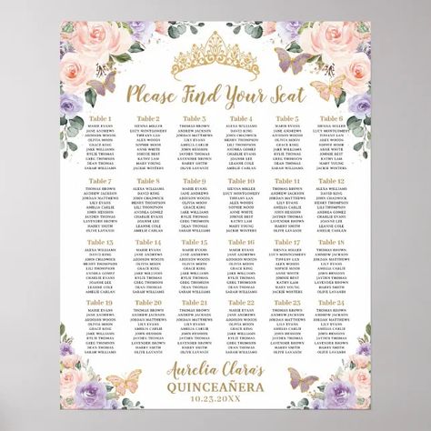 Quinceañera XV Purple Lilac Blush Floral Seating Poster | Zazzle Quinceanera Seating Chart, Purple Butterfly Quinceanera, 18th Birthday Parties, Xv Ideas, Quince Themes, Seating Chart Sign, Anne White, Lavender Brown, Lily Evans