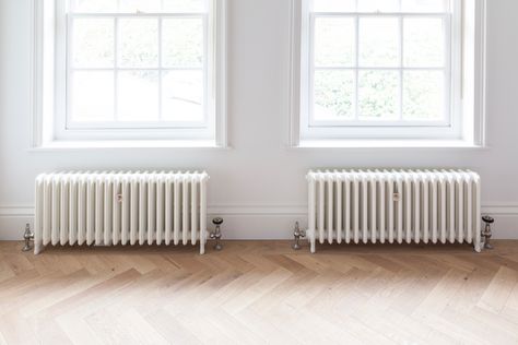 Two stunning 18″ High 4 Column radiators installed under Georgian sash windows, creating an amazing feel to this room whilst being perfectly symmetrical. Our bespoke radiators meet all BTU requirements for every specified location. Bedroom Radiators, Window Renovation, Victorian Radiators, Dream House Bedroom, Old Radiators, Cast Iron Radiator, Iron Radiator, Victorian Windows, White Exterior Houses