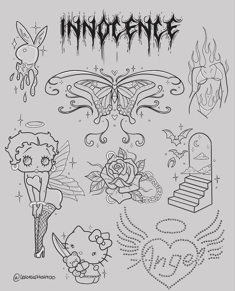 Hello Kitty Flash Art, 2000s Y2k Tattoos, Fire Flash Tattoo, Betty Boop Butterfly, Betty Boop Tattoo Design, Betty Boop Flash Tattoo, Bratz Inspired Tattoo, Butterfly Flash Sheet, Bunny Flash Tattoo