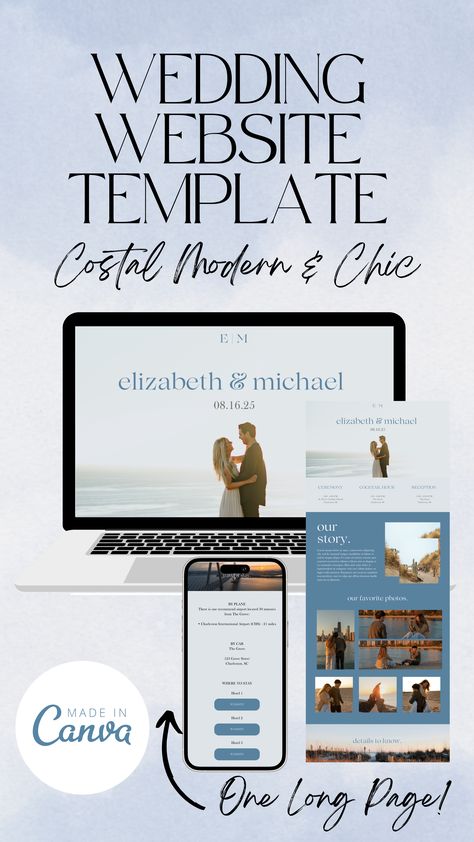 Organize all your wedding details for your guests in this easy-to-use and ready-to-edit wedding website template. Canva Wedding Website Template | Coastal Wedding Website | Wedding Website Digital Template | Editable Wedding Website Canva Canva Wedding Website, Website Canva, Wedding Website Template, Modern Chic Wedding, Business Card Logo Design, Canva Wedding, Canva Website, Coastal Modern, Coastal Wedding