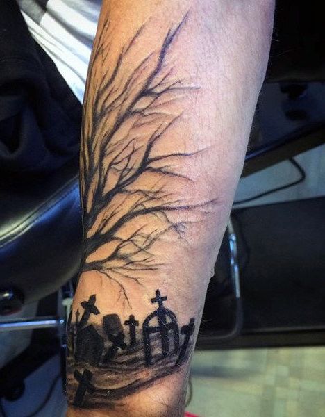 40 Graveyard Tattoo Designs For Men - Earthy Ties Left Behind Cool Tattoos With Meaning, Graveyard Tattoo, Tattoos Pinterest, Scene Tattoo, Tattoo Inspiration Men, Forearm Tattoo Design, Scary Tattoos, Tree Tattoo Designs, Halloween Tattoos