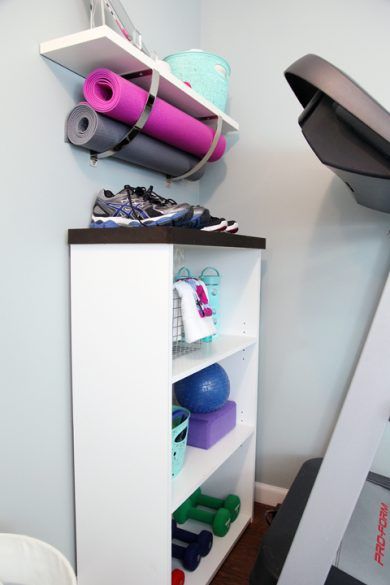 Get Inspired to Work Out With These 8 Extremely Organized Home Gyms - The Organized Mom | The Organized Mom Gym Organizer, Ikea Shelf, Casa Clean, Basement Gym, White Bookshelves, Ikea Shelves, Organized Mom, Gym Room, Easy Yoga Workouts