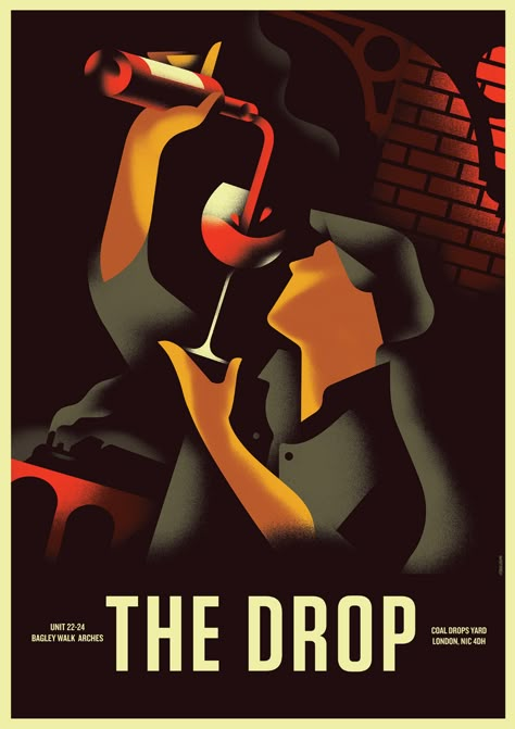 The Drop Wine Bar on Behance Bar Illustration Art, Art Deco Graphic Design Poster, Vintage Wine Posters, Wine Illustration Design, Art Deco Posters Illustrations, Mads Berg, Bar Posters, Wine Illustration, Art Deco Drawing