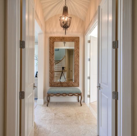 Master Bedroom entry. Master Bedroom entry with double doors, mirror and barrel ceiling. #MasterBedroom #entry #MasterBedroomentry Calusa Construction, Inc Coastal Bedrooms Master, Double Door Entryway, Barrel Ceiling, Double Door Design, House Of Turquoise, Sanctuary Bedroom, Coastal Bedrooms, Modern Bedroom Design, Double Door