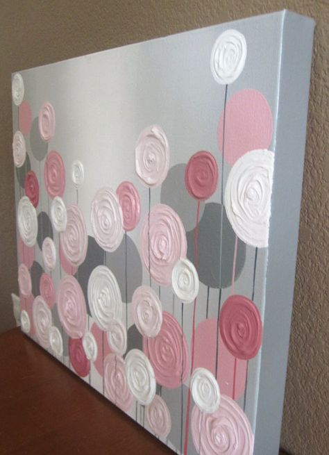 Pink and Grey Textured Flower Nursery Art Original Painting | Etsy Plaster Art On Canvas, Textured Flower Painting, Painting House, Pink Bedroom Decor, Grey Nursery, Flower Nursery, Plaster Art, Diy Canvas Art, Diy Canvas