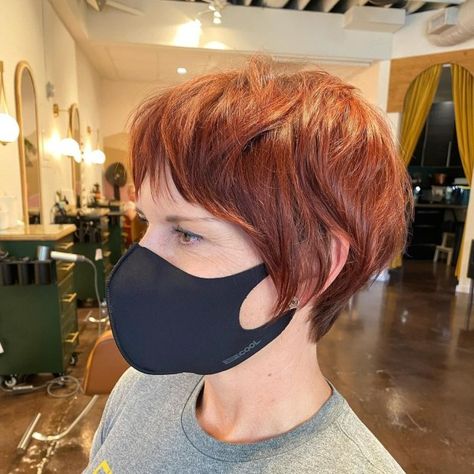 Very Short Choppy Bob, Short Hair Styles Shag, Red Long Pixie Haircut, Pixie With Heavy Bangs, Shaggy Pixie For Fine Hair, Redhead Pixie Haircut, Auburn Pixie Haircut With Highlights, Long Textured Pixie Haircut, Cowboy Copper Pixie