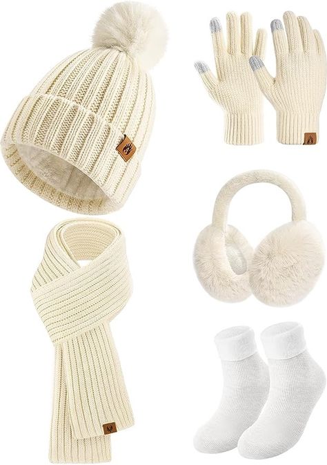 Niwicee Knitted Hat and Scarf Set 5 PCS Ski Outing Set Winter Plush Ear warmers Warm Long Scarf Beanie Hat and Touch Screen Gloves Set Women Thermal Socks for Skiing Hat Outdoor Sports Winter Necessities, Thrifting Ideas, Women Winter Outfits, B Day Gifts, Winter Items, Hats Beanie, Diy Beaded Bracelets, Winter Knit Hats, Hat And Scarf Sets