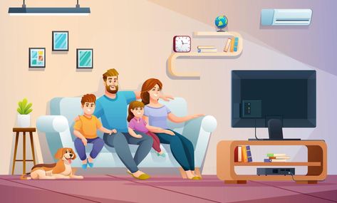 Happy family watching television together in living room. Family illustration concept in cartoon style Family Picture Cartoon, Living Room Vector, Living Room Clipart, Living Room Cartoon, Watching Television, Family Vector, Living Room Family, Action Cards, Family Drawing