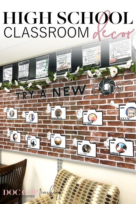 Looking for inspiration to decorate your high school classroom? Look no further! Tour my high school English flexible seating classroom with links to decor and setup items, and explanations for my creative process, teacher desks, and bulletin boards . Make decorating meaningful and functional! High School English Classroom Decor, Teacher Desks, High School Classroom Decor, English Classroom Decor, Flexible Seating Classroom, High School English Classroom, Classroom Decor High School, Teaching Secondary, Classroom Tour